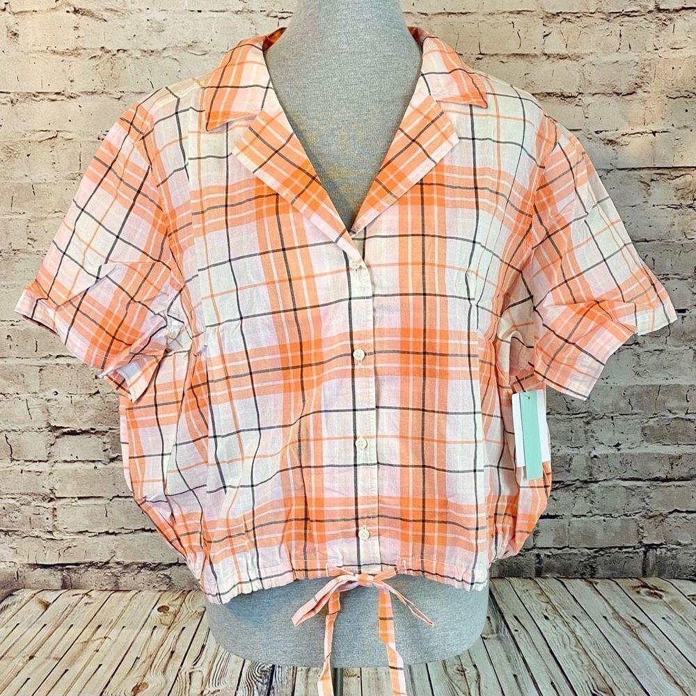 Abound Womens Coral Orange Plaid Button Down Shirt Cotton Crop Top Size 2X NWT